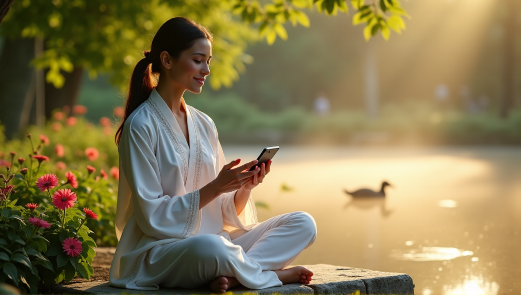 "A serene woman sits cross-legged on a natural stone bench amidst lush greenery, holding a smartphone with a glowing screen, surrounded by vibrant flowers and a tranquil pond."