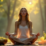 "A serene woman meditates in a peaceful forest glade surrounded by digital wellness tools like crystal singing bowls and essential oil diffusers."