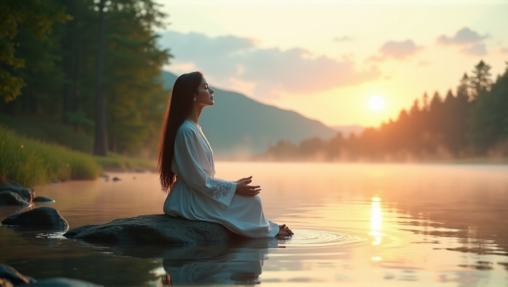 "A serene woman meditates on a tranquil lake shore at dawn, surrounded by lush greenery and towering trees, embodying the essence of digital wellness tools."