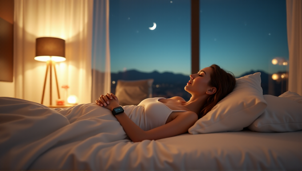 "A serene woman lies peacefully on her bed surrounded by digital wellness tools, including a wearable fitness tracker, smart alarm clock, and white noise machine."