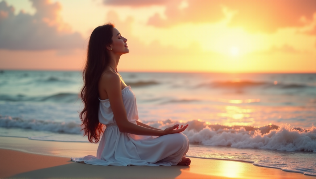 "Serene woman on a tranquil beach at sunset, exuding inner peace and stability, surrounded by calming ocean waves."