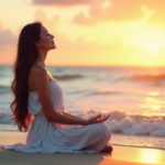 "Serene woman on a tranquil beach at sunset, exuding inner peace and stability, surrounded by calming ocean waves."