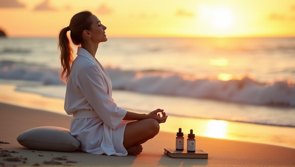 "A serene woman sits on a tranquil beach at sunset, surrounded by ocean waves and digital wellness tools like meditation cushions, mindfulness journals, and calming essential oils."