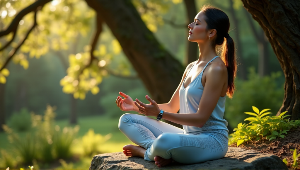 "A serene woman sits on a natural stone bench in a lush forest, surrounded by tall trees and wearing a yoga outfit with circuit board patterns, cradling a sleek smartwatch displaying a calming interface."