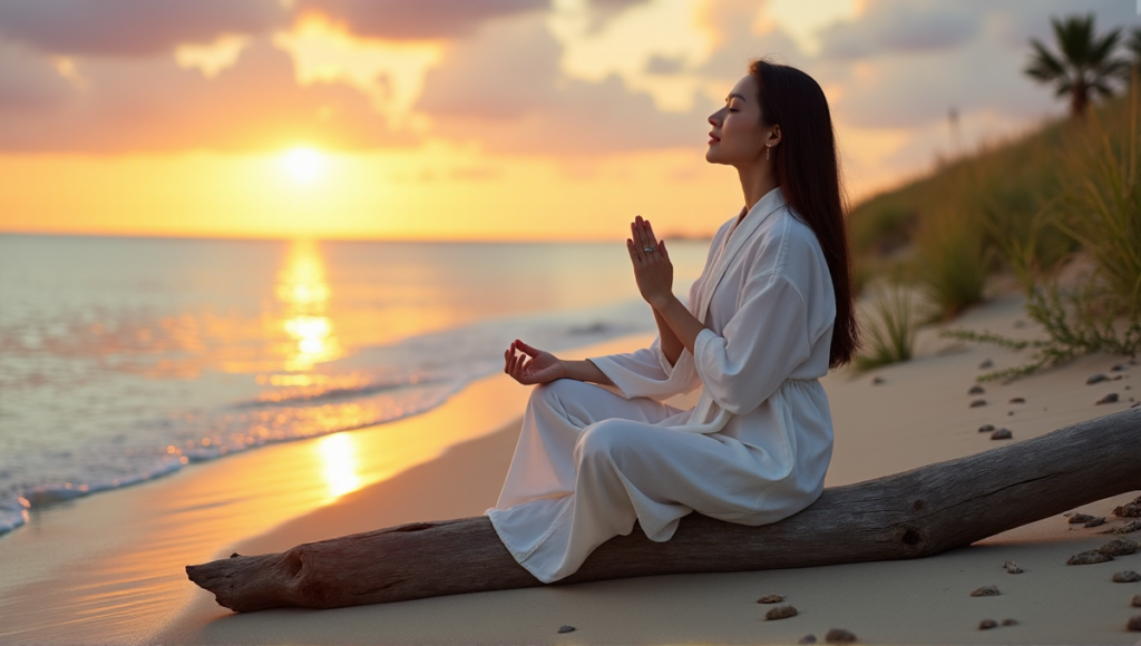 "An Asian woman meditates on a tranquil beach at sunset, embodying inner peace and balance through digital wellness tools."