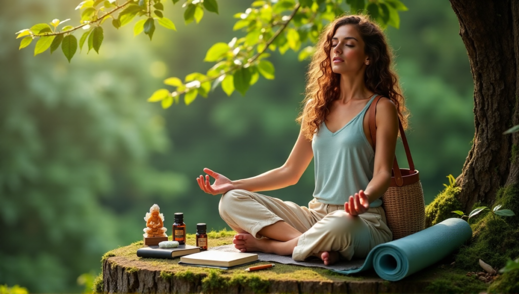 A serene woman sits on a moss-covered tree stump surrounded by lush greenery, practicing yoga with holistic wellbeing tools at her side in a natural setting.
