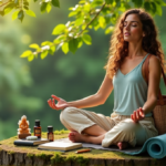 A serene woman sits on a moss-covered tree stump surrounded by lush greenery, practicing yoga with holistic wellbeing tools at her side in a natural setting.