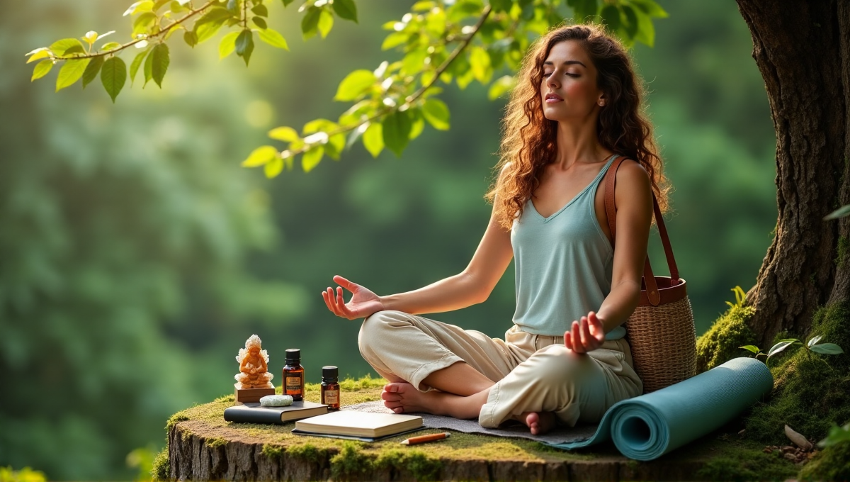 A serene woman sits on a moss-covered tree stump surrounded by lush greenery, practicing yoga with holistic wellbeing tools at her side in a natural setting.