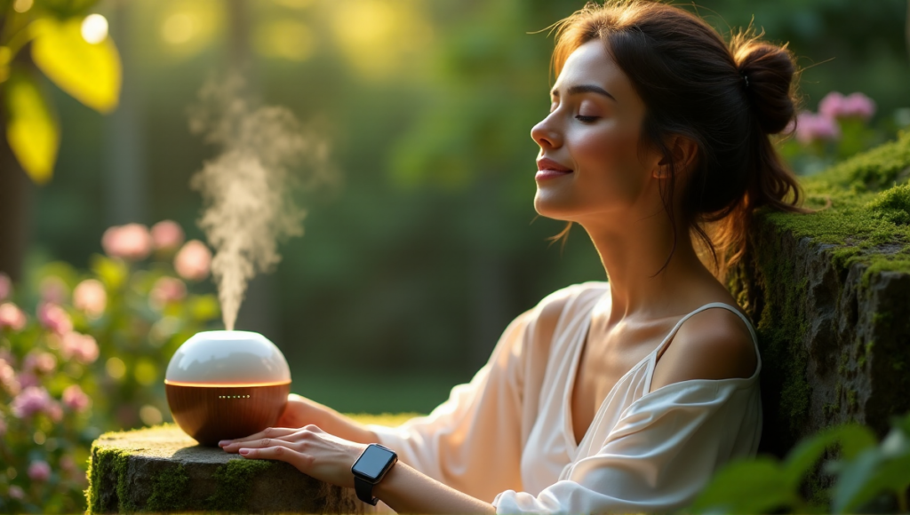 "A serene woman sits on a moss-covered bench surrounded by lush greenery, her hands resting on a sleek smartwatch and essential oil diffuser, exuding digital wellness tools in harmony with nature."