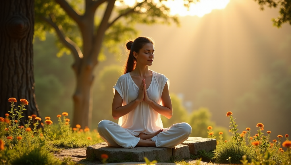"A serene woman practices yoga outdoors at dawn, surrounded by lush greenery and natural beauty, embodying holistic solutions and digital wellness tools."
