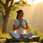 "A serene woman practices yoga outdoors at dawn, surrounded by lush greenery and natural beauty, embodying holistic solutions and digital wellness tools."