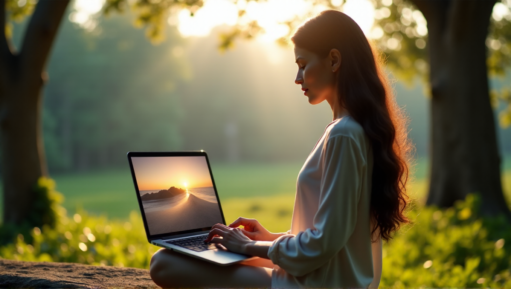 "A serene woman sits on a natural stone bench in a forest glade at dawn, using digital wellness tools to find balance amidst nature's calm."