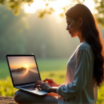 Discover Essential Digital Wellness Tools for Inner Peace and Balance "A serene woman sits on a natural stone bench in a forest glade at dawn, using digital wellness tools to find balance amidst nature's calm."