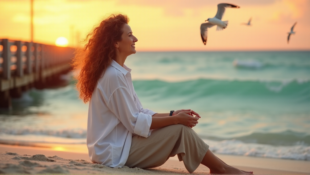 "A serene woman sits on a tranquil beach at sunset, embodying peace with digital wellness tools in mind."