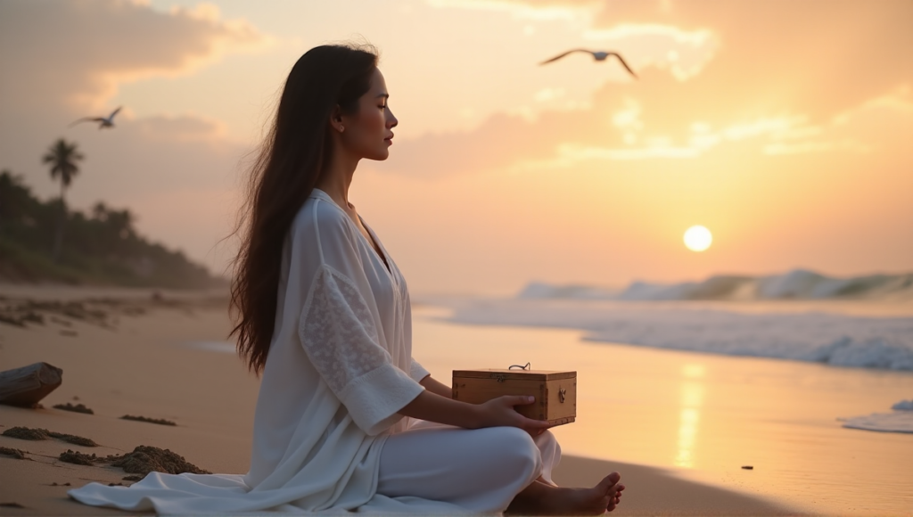 "A serene woman sits on a tranquil beach at sunset, embodying inner peace with her gentle pose and expression, surrounded by natural elements and digital wellness tools."