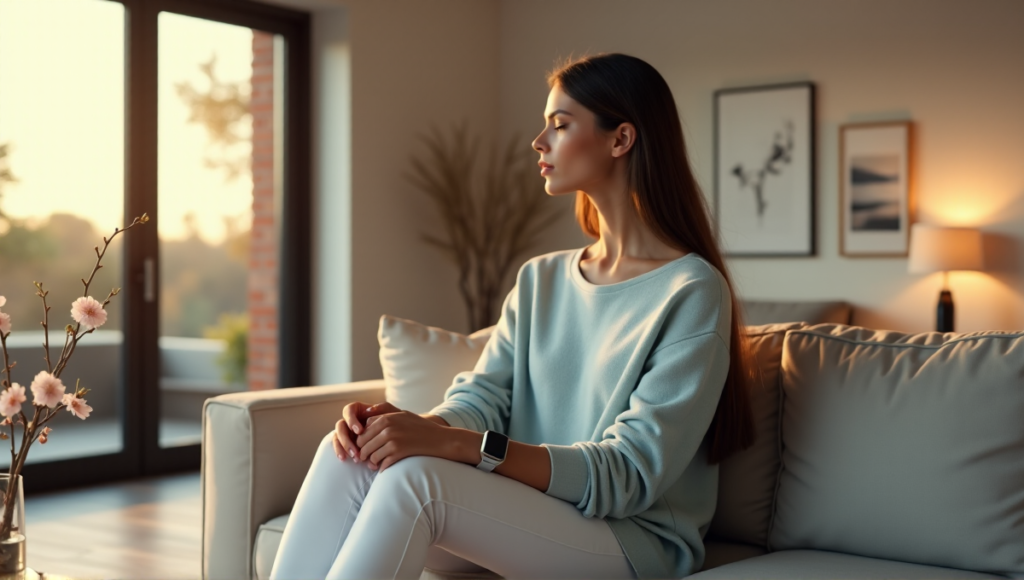 "A serene woman sits on a minimalist couch surrounded by calming elements, embracing digital wellness with her smartwatch, amidst an open-plan living room bathed in warm natural light."