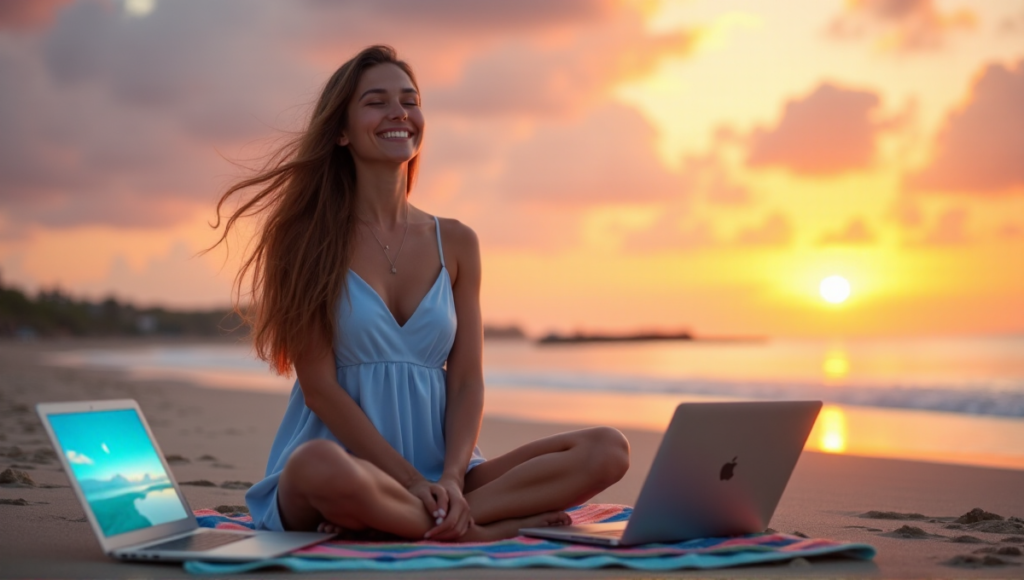 "A serene woman relaxes on a beach at sunset surrounded by digital wellness tools, laptops, and tablets blending into nature."