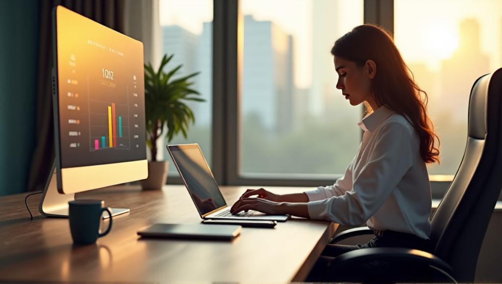 "A young professional woman sits confidently at her desk surrounded by cutting-edge digital wellness tools and AI-powered technology solutions."