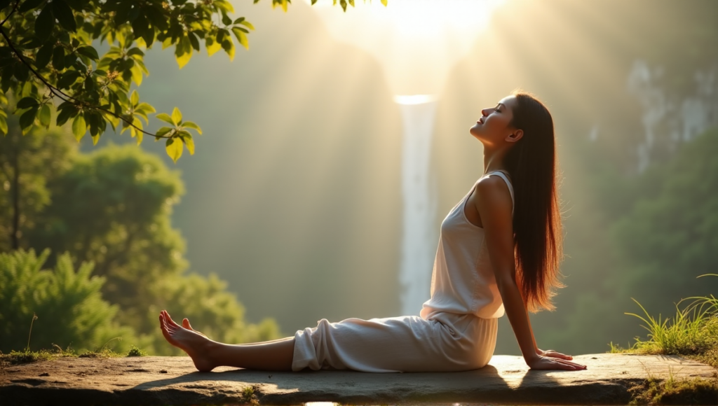 "A serene Asian woman practices yoga outdoors at dawn on a natural stone platform amidst lush greenery, surrounded by misty mountains and a soothing waterfall."