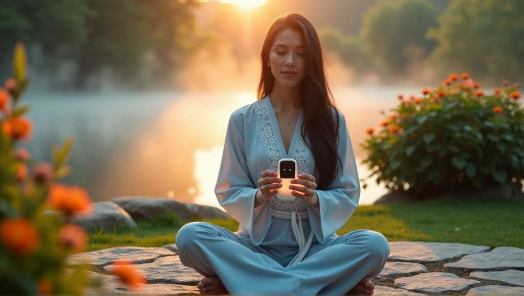 "A serene woman sits cross-legged on a stone patio surrounded by lush greenery, cradling a sleek silver meditation device emitting pulsing light amidst natural sounds and misty morning fog."