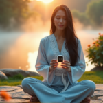 Calmio's Vision for Mindful Living Success with Essential Mental Health Devices "A serene woman sits cross-legged on a stone patio surrounded by lush greenery, cradling a sleek silver meditation device emitting pulsing light amidst natural sounds and misty morning fog."