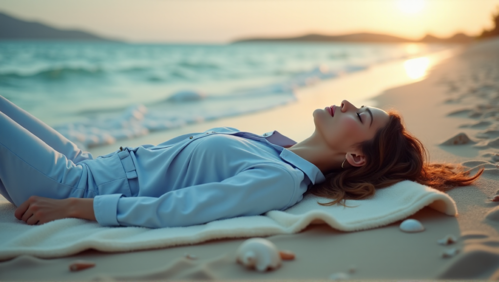 "A serene woman relaxes on a beach at sunset, surrounded by soft waves and seashells, inviting inner calm and digital wellness."