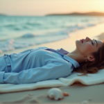 Discover Calmio's Ultimate Guide to Relaxation Success "A serene woman relaxes on a beach at sunset, surrounded by soft waves and seashells, inviting inner calm and digital wellness."
