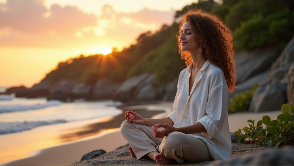 "A serene woman meditates on a tranquil beach at sunset, surrounded by gentle waves and lush greenery, embodying digital wellness tools for inner peace."