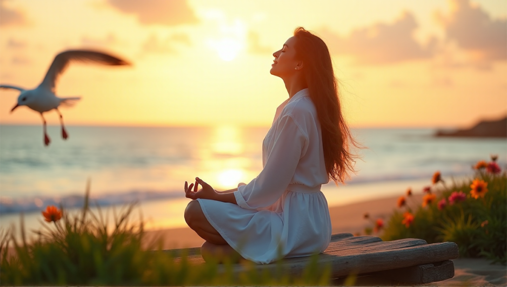 "A serene woman sits on a beach bench at sunset, surrounded by lush greenery and vibrant flowers, exuding inner peace with her eyes closed and subtle smile."