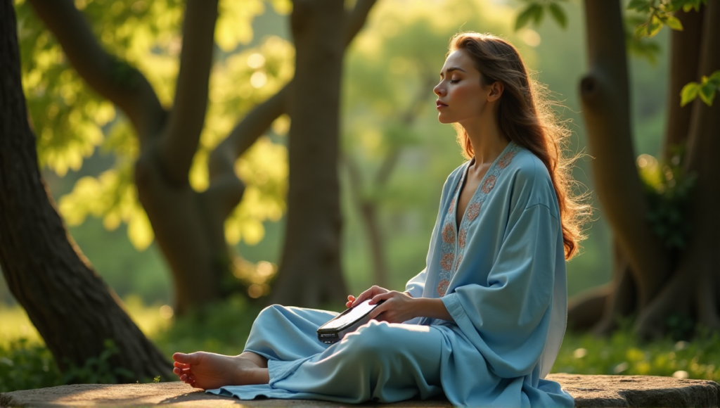 "A serene woman sits on a natural stone bench in a lush forest, surrounded by tall trees, wearing a calming blue robe with intricate embroidery, cradling a sleek silver digital wellness tool."