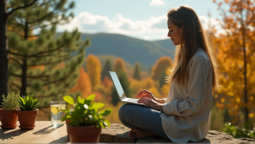"A serene woman sits on a natural stone bench in a lush autumn forest, using digital wellness tools on her laptop amidst calming surroundings."