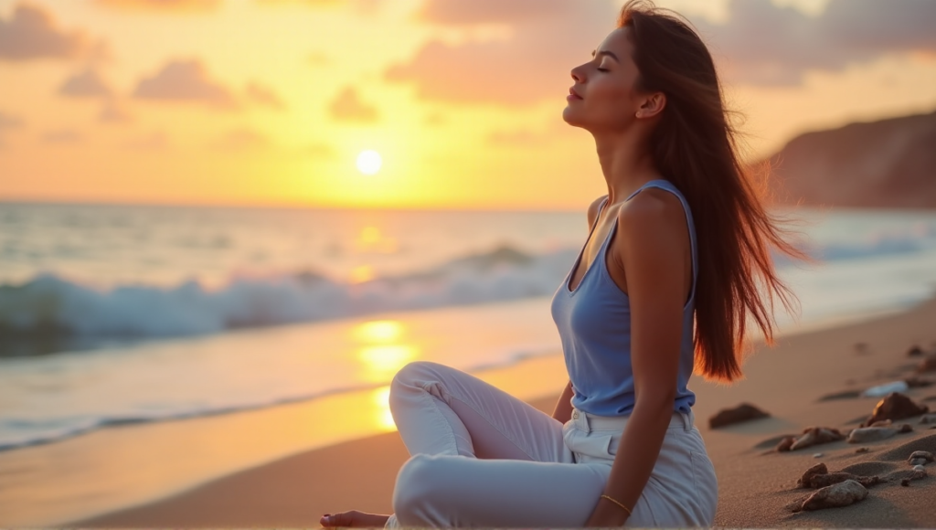 "A serene young woman sits on a tranquil beach at sunset, embodying inner peace with digital wellness tools in hand."