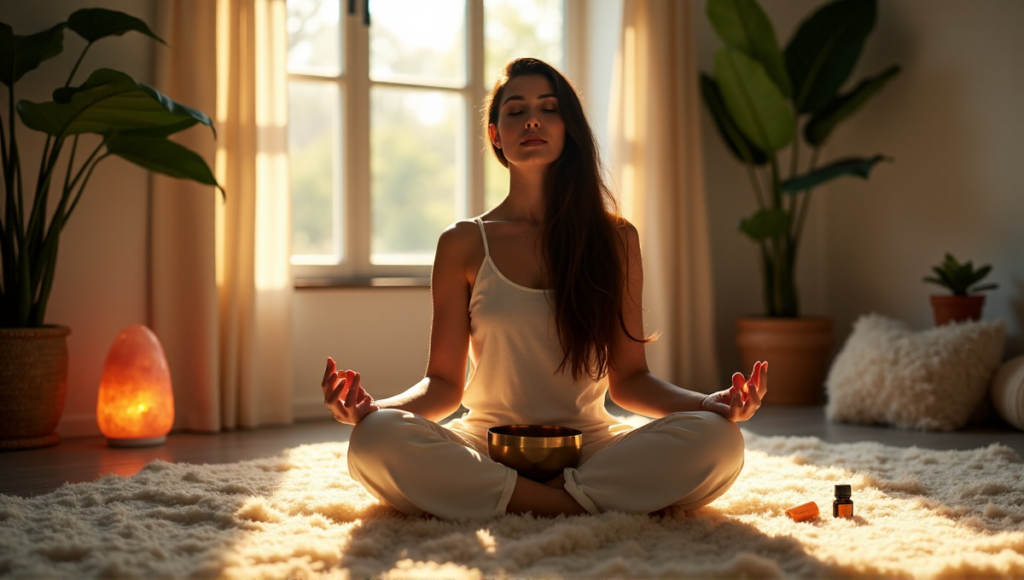 "A serene woman meditates in a dimly lit room surrounded by digital wellness tools, crystal singing bowl, essential oils, and soothing greenery."