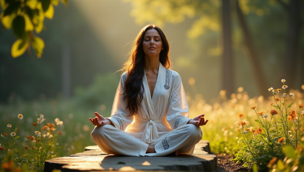 "A serene woman in a peaceful forest glade, practicing mindfulness with digital wellness tools."