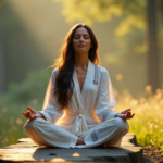 "A serene woman in a peaceful forest glade, practicing mindfulness with digital wellness tools."