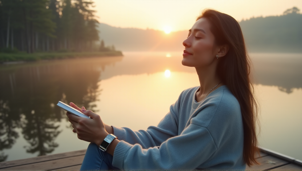 "A serene woman sits on a wooden dock overlooking a tranquil lake at dawn, embracing digital wellness tools with mindfulness journal and smartwatch."
