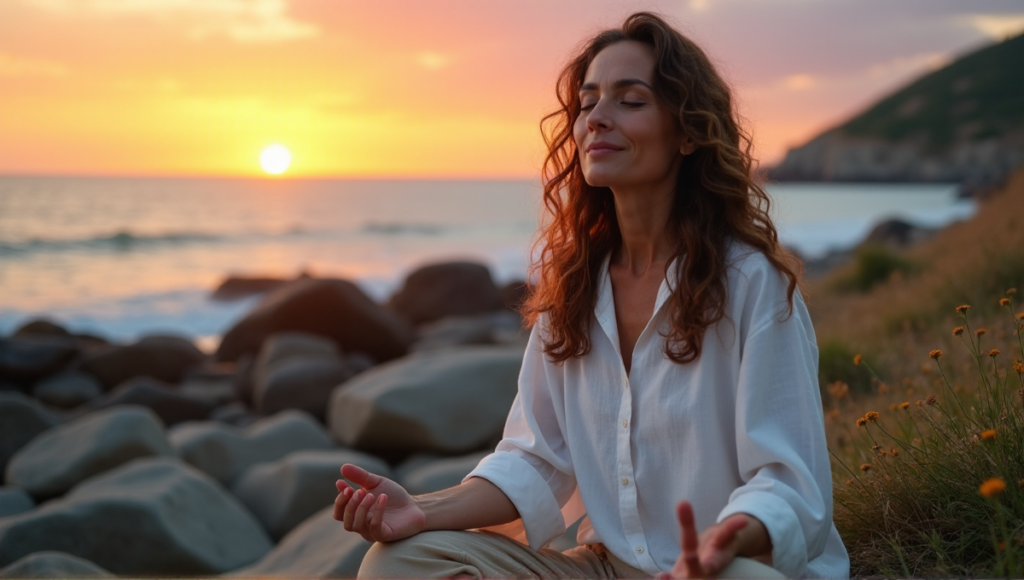 "A serene middle-aged woman meditates on a rocky beach at sunset, surrounded by natural beauty, exuding inner peace amidst calming digital wellness tools."