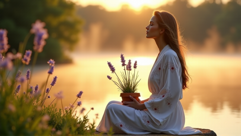 "A serene woman sits on a tranquil lake's edge at dawn, surrounded by lush greenery and vibrant wildflowers, embodying digital wellness tools for stress management."
