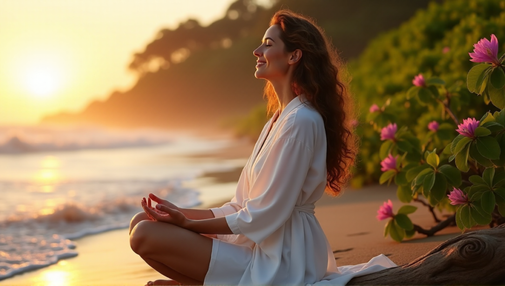 "A serene woman sits on a beach at sunrise, embodying balance with holistic wellbeing solutions amidst digital distractions."