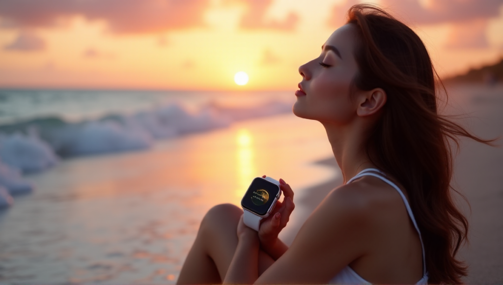 "A serene woman relaxes on a beach at sunset, wearing an advanced smartwatch with a calming interface, exuding inner peace."