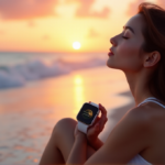 "Unlock Emotional Balance with Tech: Explore Gadgets That Improve Your Emotional Health" "A serene woman relaxes on a beach at sunset, wearing an advanced smartwatch with a calming interface, exuding inner peace."