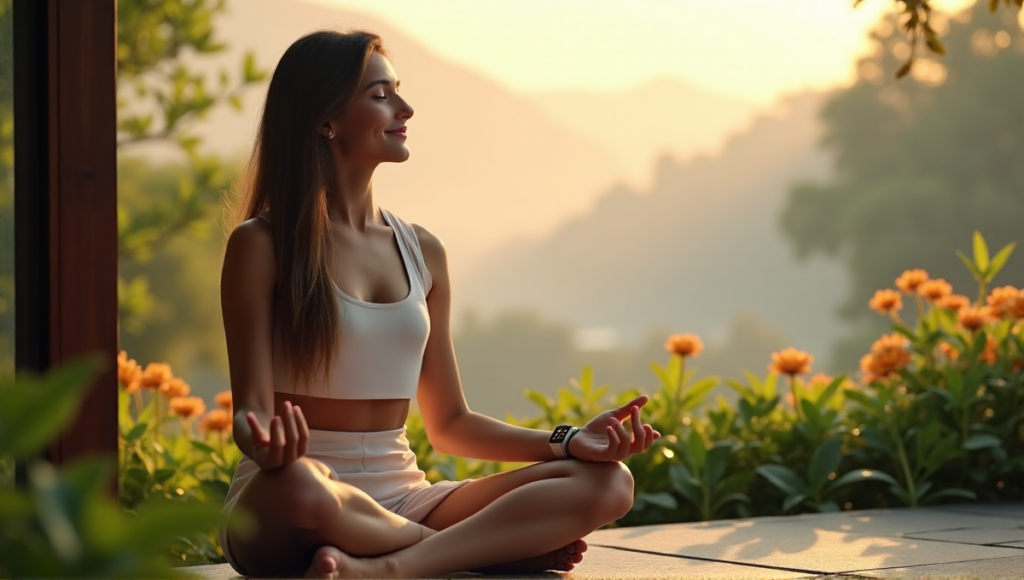 "A serene woman sits cross-legged on a stone patio surrounded by lush greenery, holding a sleek smartwatch amidst a misty morning landscape with soft golden light."