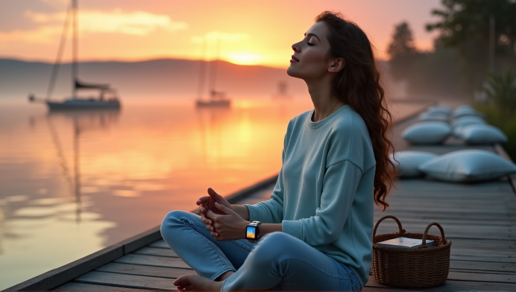 "A serene woman sits on a wooden dock at sunset, surrounded by calm waters, cradling a sleek silver smartwatch displaying a nature scene."