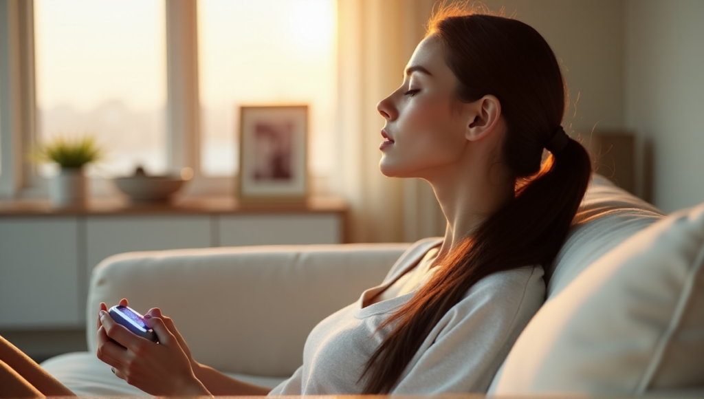 "A serene woman sits on a cream-colored couch, using a silver mental health device with pulsing blue light, surrounded by minimalist decor and natural light."