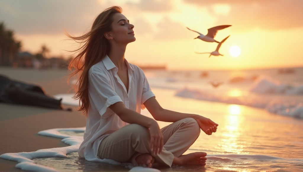 "A serene woman sits on a tranquil beach at sunset, surrounded by soothing elements, embodying stress-relief success with digital wellness tools."