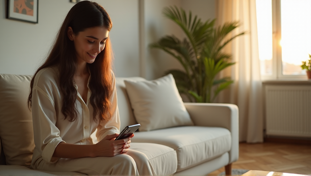 A young woman sits on a minimalist couch, surrounded by digital wellness tools like Todoist, Headspace, and Calm, exuding a sense of calm and control.
