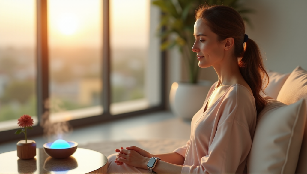 "A serene woman sits on a couch surrounded by digital wellness tools, including a smartwatch, meditation timer, and essential oil diffuser, in a peaceful living room setting."