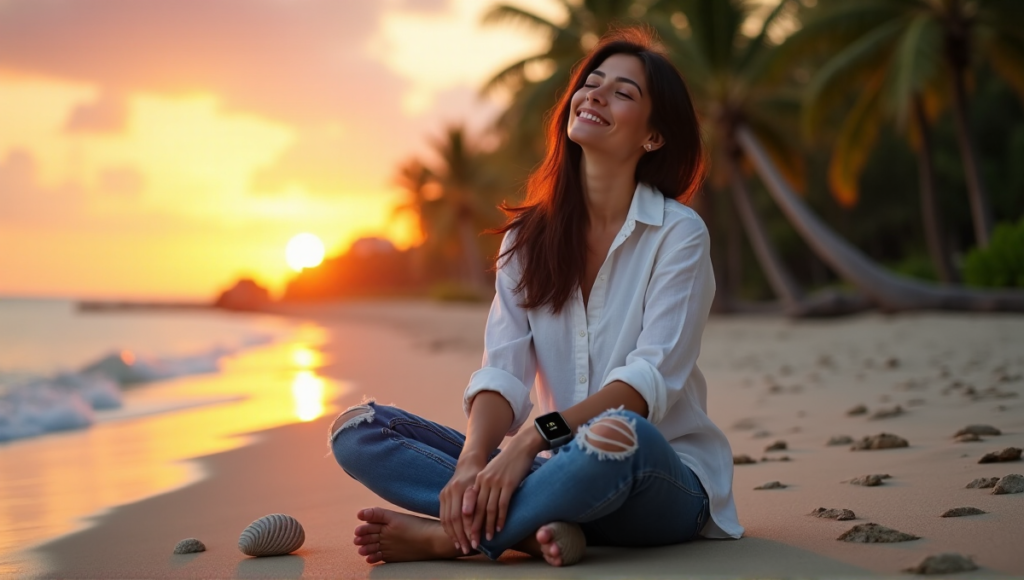 "A serene woman sits cross-legged on a tranquil beach at sunset, wearing a smartwatch and surrounded by seashells, embodying digital wellness tools in harmony with nature."