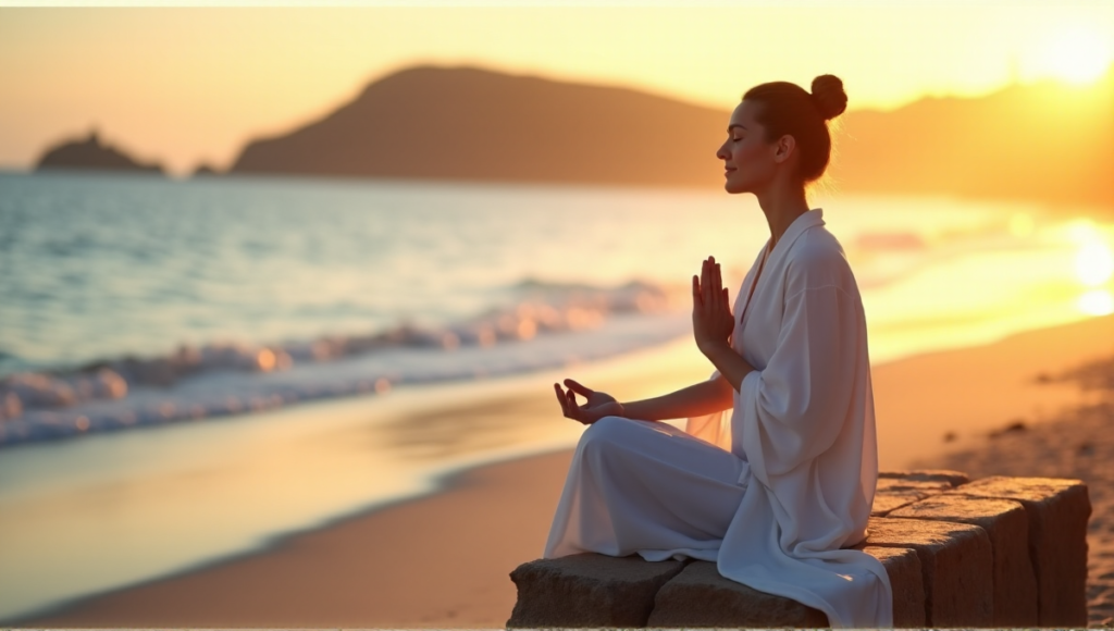 "A serene woman meditates on a peaceful beach at sunset, surrounded by calm ocean waves and misty atmosphere, promoting digital wellness tools for inner peace."