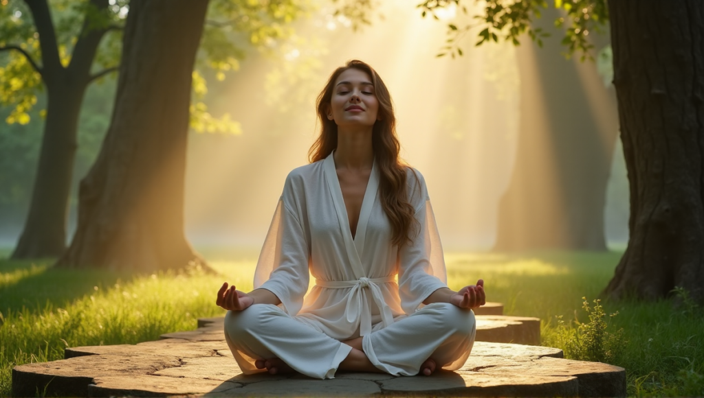 "A serene woman meditates in a natural setting, surrounded by lush greenery and dappled sunlight, exuding digital wellness and inner calm."
